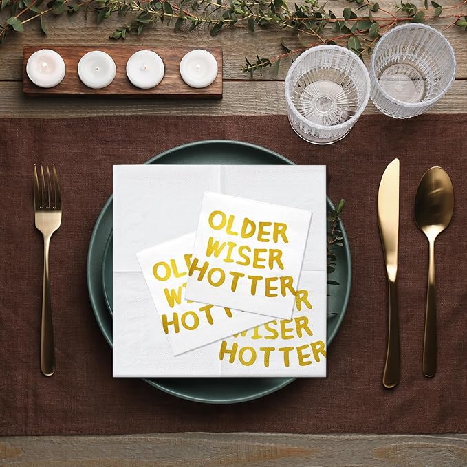 LeZakaa 25Pcs Birthday Paper Napkin, 3-Ply Gold Foil "Older Wiser Hotter" Cocktail Beverage Bar Square Disposable Napkins Guest Paper Hand Towels, Retirement Anniversary, Bachelorette Party, 5 x 5 In