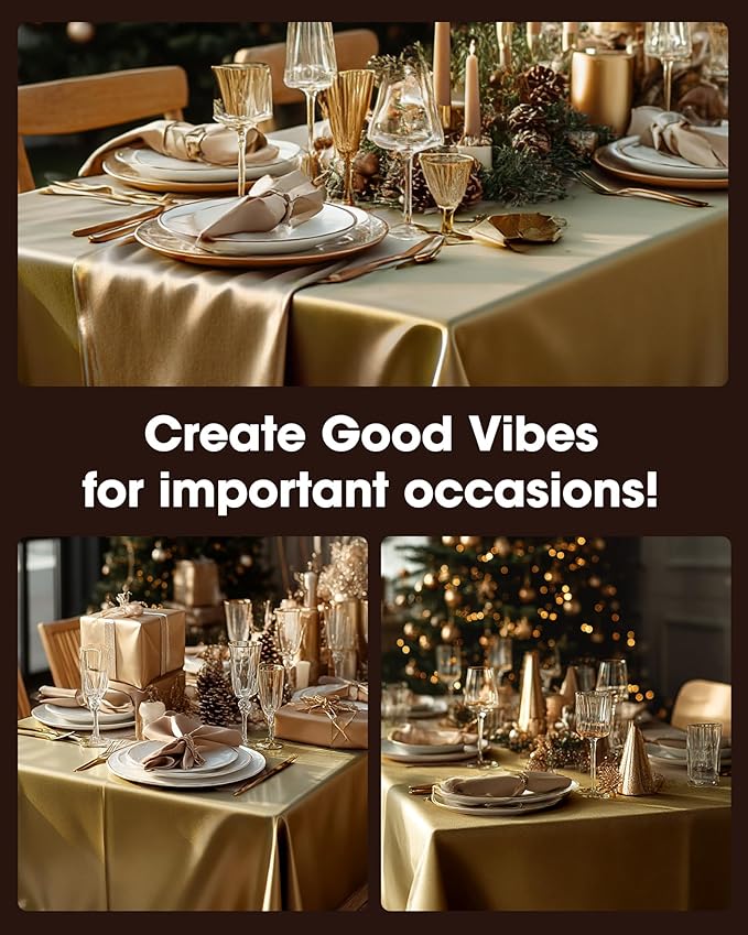 Pureegg Plastic Table Cloth Disposable 6 Pack, 54 x 108 Inch Table Cloths, Graduation Decorations, Thanksgiving, Christmas Tablecloths, Rectangle, Plastic Cover, Waterproof, Gold