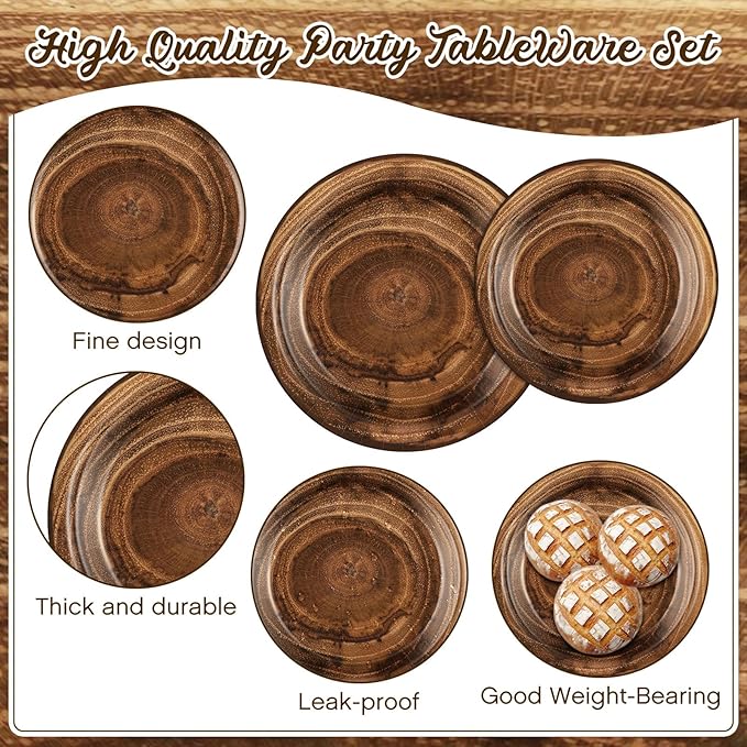 250 Pieces Rustic Wood Grain Party Tableware Set - Disposable Paper Plates, Cups & Napkins for 50 Guests - Lumberjack, Farmhouse, Camping, Forest Theme Birthday Decorations(Brown)