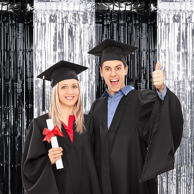 6 Pack 3.3Ft x 6.6Ft Graduation Foil Fringe Curtain Backdrop Decorations, Black Silver Metallic Tinsel Foil Streamers Curtain Photo Background for Graduation Prom Wedding Birthday Party Decorations