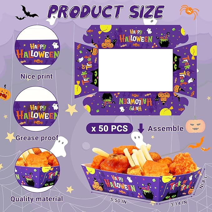 50 PCS Halloween Decorations, Disposable Halloween Paper Food Trays, Fold-to-Assemble Halloween Party Favors, Take Out Food Serving Tray for Trick or Treat Party Food Storage Serving Supplies