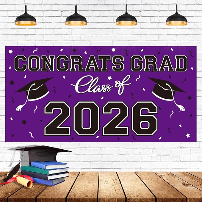 2026 Graduation Party Plastic Backdrop - 65" x 32.7" Congrats Grad Banner in Purple, Large Class of 2026 Decorations, Photography & Grad Party Supplies