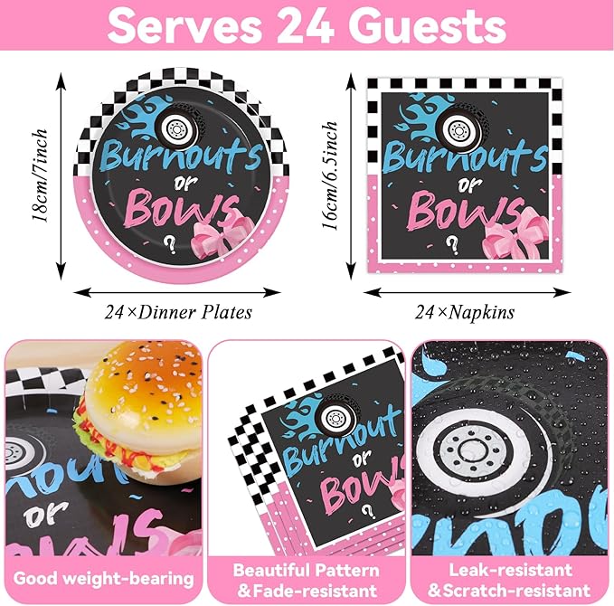 Qyeahkj 24 Guests Burnouts or Bows Gender Reveal Party Supplies Baby Boy or Girl Disposable Plates and Napkins Tablecloth Baby Shower Party Decorations Paper Tableware Set Decor Party Favors