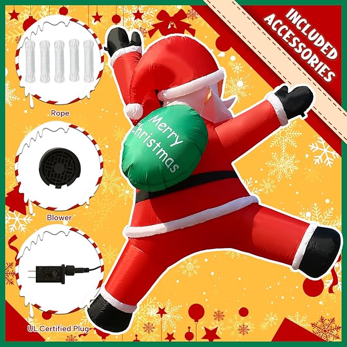 JOYHALO 6FT Christmas Inflatables Hanging Santa Claus Decorations Outside, Santa Hanging from Roof with Gift Bag, Build-in LED Lights, Blow Up Yard Decorations for Indoor, Lawn, Party Decor