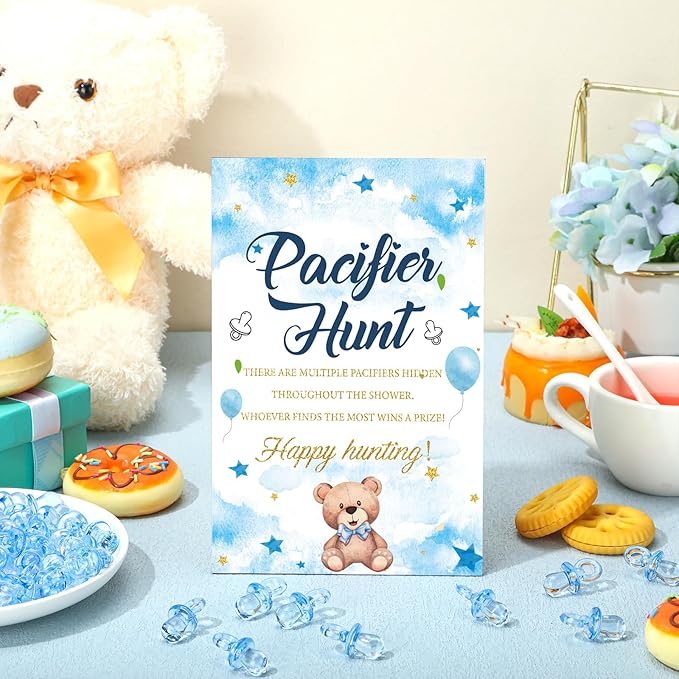 Thyle 51 Pcs Blue Bear Pacifier Hunt Baby Shower Games Include Neutral Bear Themed Hunt Sign and 50 Acrylic Pacifiers for Blue and Brown Baby Shower Game Decoration Gift Sets Gender Reveal Party Decor