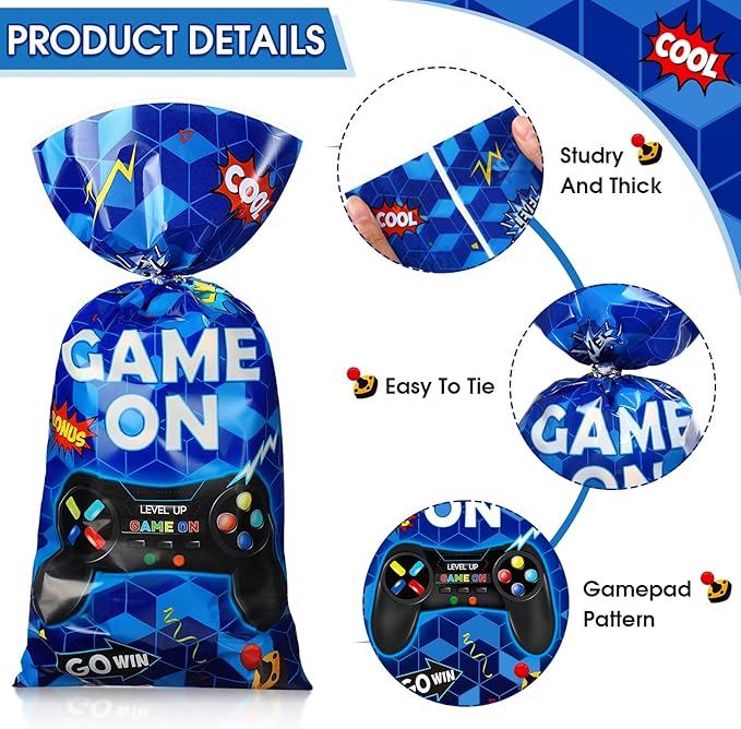 Pajean 100pcs Video Game Plastic Loot Bags Game on Favor Goody Candy Treat Bags for Themed Birthday Party(Blue)