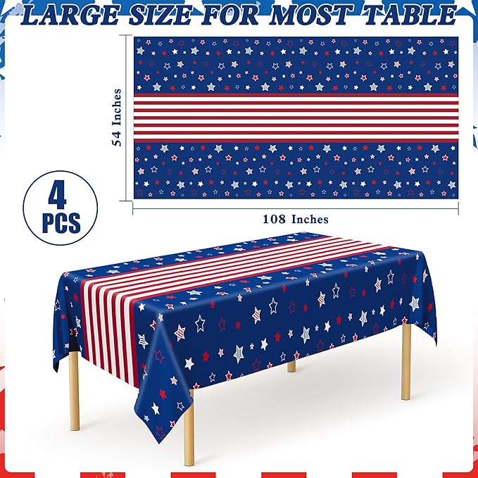QZYL 4 Pack 4th of July Decorations, 54" x 108" USA Plastic Table Cloth, Tear Resistant Patriotic Tablecloth Fourth of July Tablecloths American Tablecover, Red White Blue Party Supplies