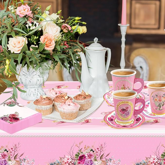 WorldBazaar Tea Party Disposable Tableware Set Pink Tea Party Supplies 12 Sets Floral Paper Tea Cups and Saucers Plates Napkins Tablecloth Pink Birthday Table Decorations Women Girls Adults