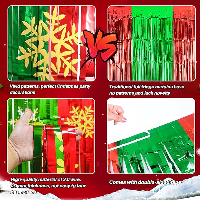Christmas Party Decorations - 2 Pack Foil Fringe Curtains 3.3 X 6.6 ft Red Green Snowflake Tinsel Streamers Photo Backdrop for New Year, Ugly Sweater Party Decor