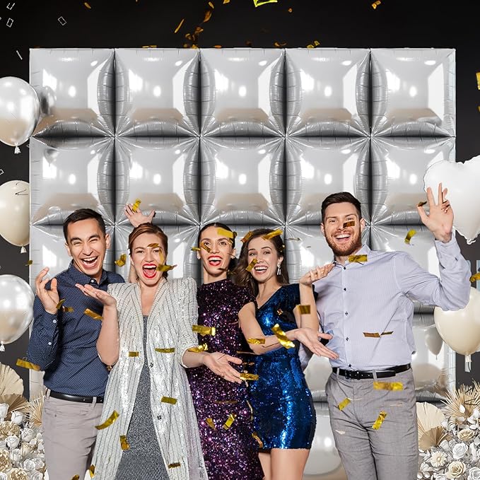 Silver Square Foil Balloons Wall, 25PCS Double Sided Metallic Chrome Silver Foil Square Balloon Backdrop Flat Tunnel Background for Birthdays Graduation Baby Shower New Year Eve Anniversary Engagement