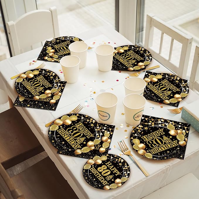 96Pcs 80th Birthday Party Tableware Set, Back in 1946 Birthday Party Decorations Supplies for Men Women Cheers to 80 Years Disposable Paper Plates Napkins Forks Favors, Serve 24