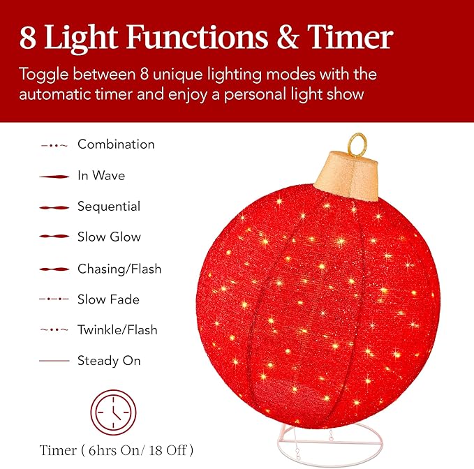 Best Choice Products 2pc Lighted Pop-Up Outdoor Christmas Ornament Set, Holiday Ball Decoration w/ 220 LED Lights, 8 Light Functions - Red/Green
