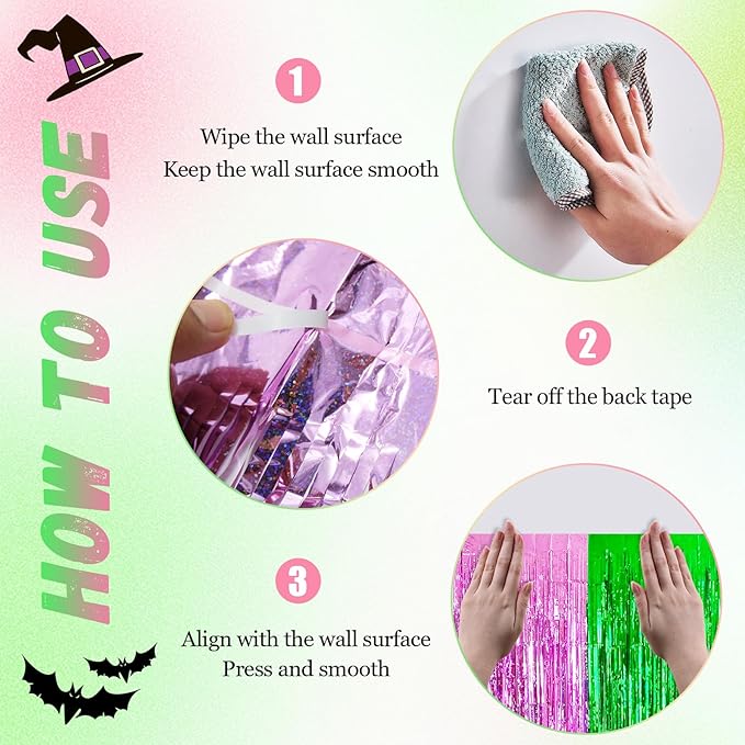 MYUPDALIN 2 Pack Pink and Green Foil Fringe Tinsel Backdrop Party Decorations for Witch Theme Birthday Party Decor
