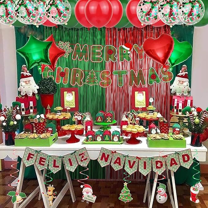 Christmas Party Decoration Supplies Christmas Balloons Merry Christmas Banner Hanging Swirls Red and Green Metallic Fringe Curtains Christmas Decor