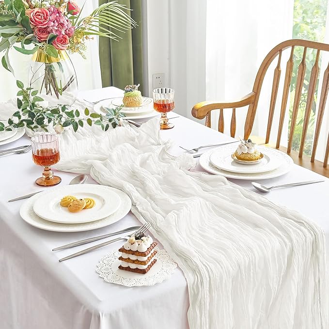 IVAPUPU 4 Pcs Cheesecloth Table Runner - 10ft Ivory White Easter Spring Boho Gauze Cheese Cloth Table Runners for Baby Shower Decoration Wedding Party Garden Farmhouse