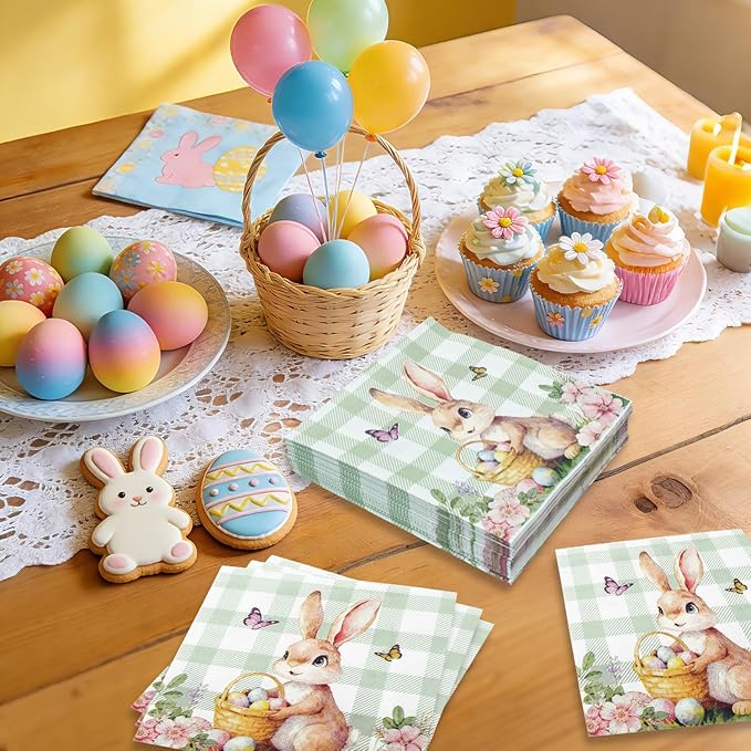 Easter Bunny Paper Napkins - 50Pcs Disposable Decorative Napkins for Easter Party, Spring Dinner, Bunny Themed Table Decorations