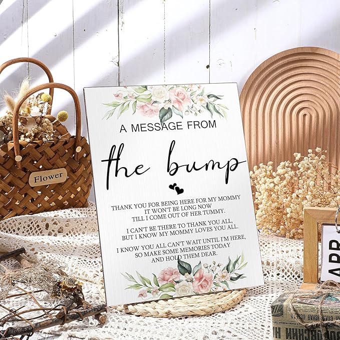 Roowest Cool Baby Shower Tabletop Decoration a Message from the Bump Wooden Baby Shower Games Sign Greenery Cute Gender Reveal Party Thank You Sign, 11.2 x 8.66 Inches(Floral)