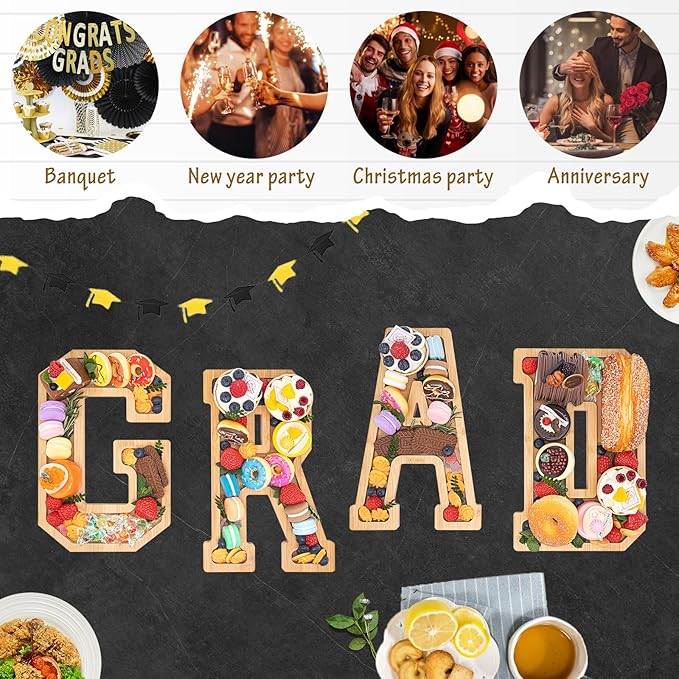 4PCS Wooden Graduation Decorations Number Charcuterie Board Box-(with 14 Balloons) GRAD Charcuterie Numbers Fillable Food Graduation Party Supplies Suitable for 2025 Party Graduation Decoration