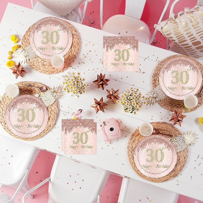 30th Rose Gold Birthday Plates and Napkins, 9 Inch Pink Rose Gold Disposable Dinner Dessert Plates Happy 30th Birthday Party Supplies Decorations for Girls Women
