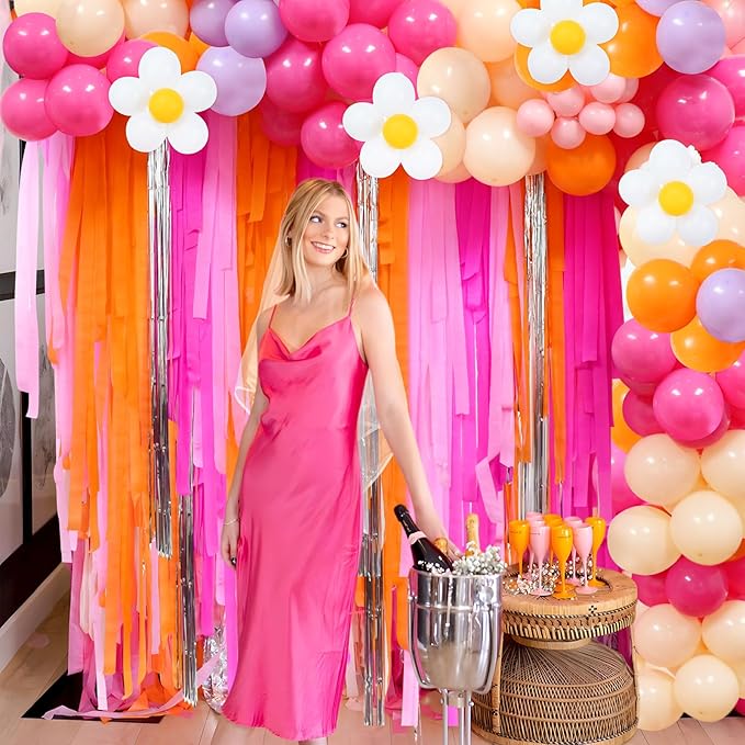 Pink Orange Groovy Balloon Arch Fringe Backdrop, Daisy Balloon Garland Arch Kit, Groovy Streamers for Flower Groovy Birthday Baby Shower Wedding Bachelorette Groovy Party Decorations