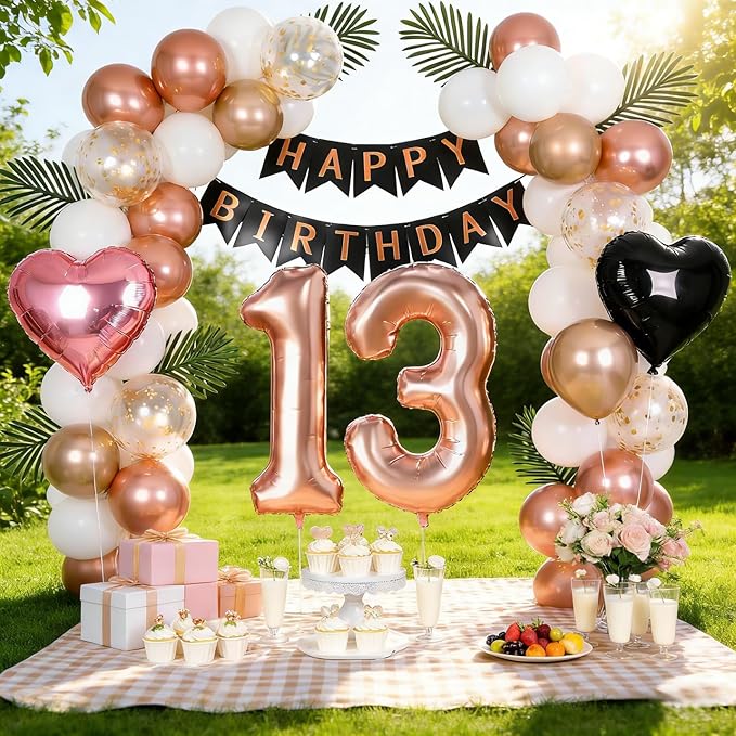13th Birthday Decorations for Girls - Rose Gold, Black Hot Pink Party Supplies Set with Happy 13th Banner, Number 13 Balloons and Foil Fringe Curtains - 13 Year Old Officially Teenager Celebration Kit