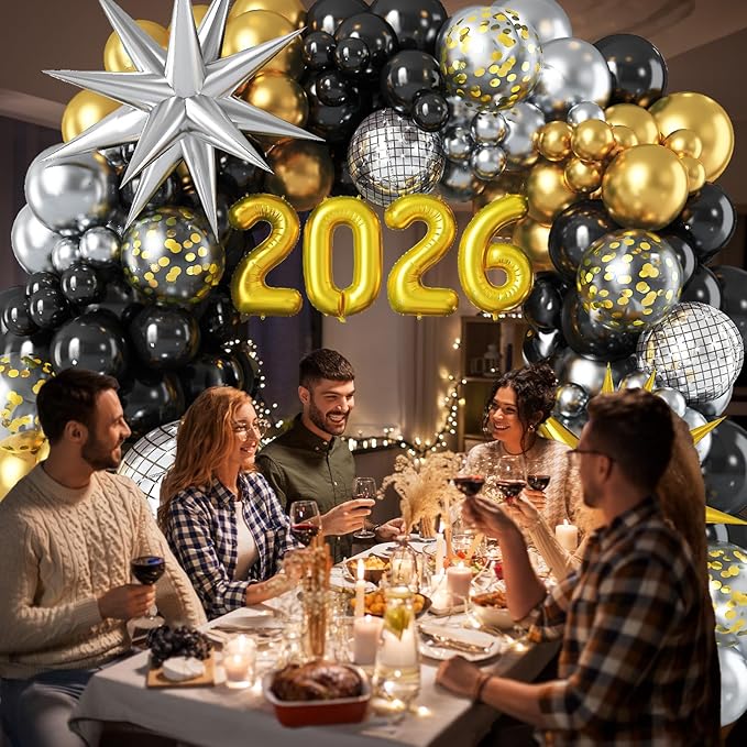 2026 Graduation Balloon Garland Arch Kit, Black Gold Silver Balloon Arch 2026 Graduation Decorations Disco Star Balloons for Grad Celebrations New Year Birthday Party Decorations