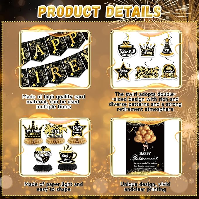 Happy Retirement Party Decorations for Men and Women - Black and Gold Banner, Backdrop Card, Sash, Hanging Swirls, Foil Balloons, Honeycomb Centerpieces