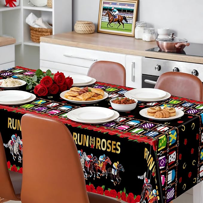 QZYL 2 PCS Derby Table Cloth, Disposable Plastic Derby Decorations, 54 x 108 Inch Horse Tablecloth, Run for The Roses Kentucky Racing Rectangle Tablecover Horse Decorations for Party Supplies