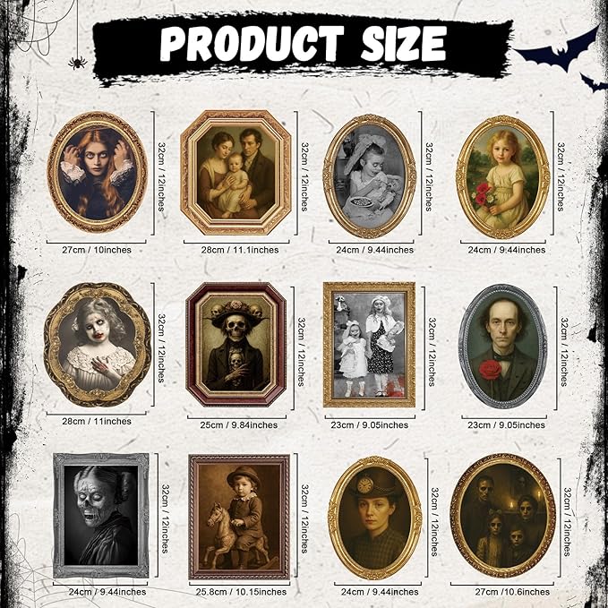 Scary Halloween Party Decoration Indoor Home Wall Decor 3D Changing Face Moving Picture Frame Portrait for Horror Halloween Party Supplies Castle Haunted House Decor(Style D, 12 Pack)