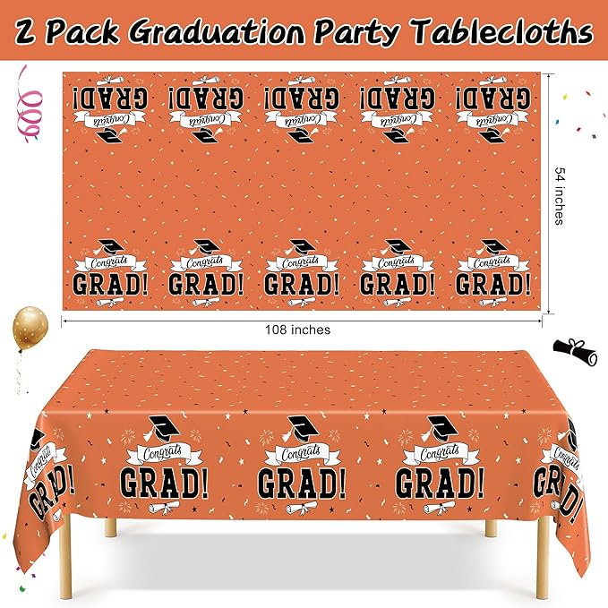 QZYL 2Pcs 2026 Graduation Table Cloths, 108" X 54" Orange Grad Party Decorations, Disposable Plastic Tablecover for Grad Decor Party Supplies, Rectangle Table Cloths for Class 2026 Congrats Grad