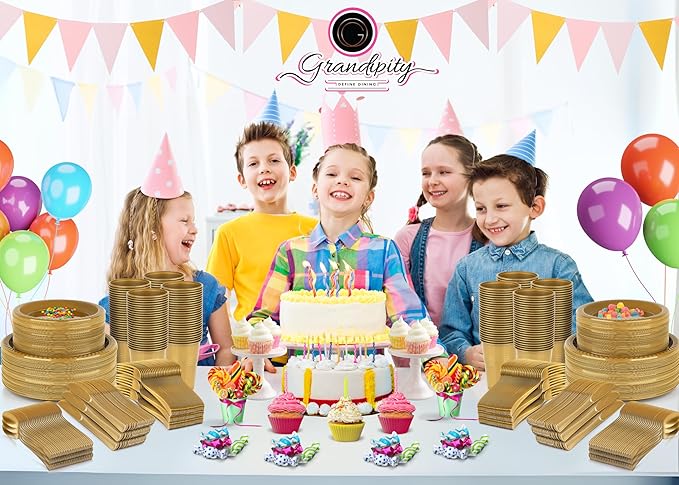 720 Piece Gold Disposable Dinnerware Set (120 Guests) Plastic Dinnerware Set Disposable - 120 Count, 9" Dinner Plates, 7" Dessert Plates, 12oz Cups, Forks, Knives & Spoons- Plastic Party Plates Set