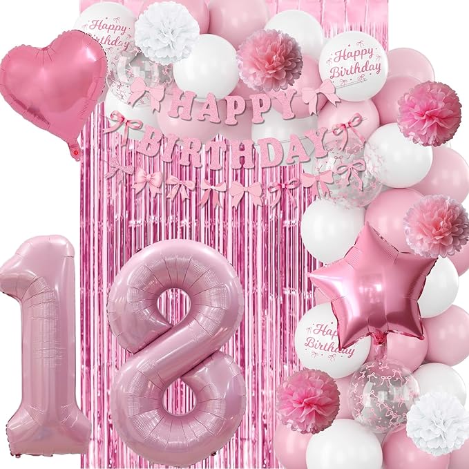 18th Birthday Decorations for Girls Pink Number 18 Balloon Bow Coquette Happy Birthday Banner Fringe Curtain Paper Pom Poms Star Heart Foil Pink White Balloons 18 Year Old Party Decor for Her