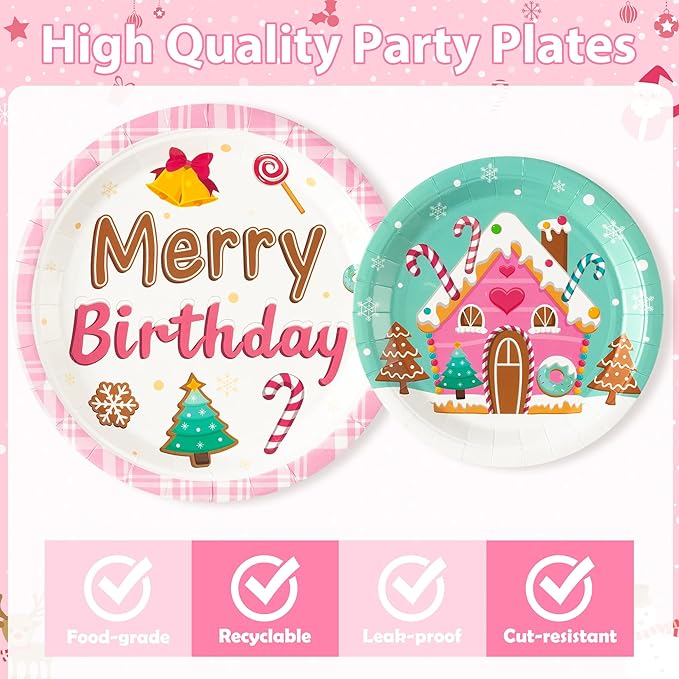 Merry Birthday Christmas Xmas Pink Village Houses Candy Party Plate Supplies - Serves 24-96Pcs Party Tableware Decoration Disposable Paper Plate Napkin Fork for Winter Holiday Birthday