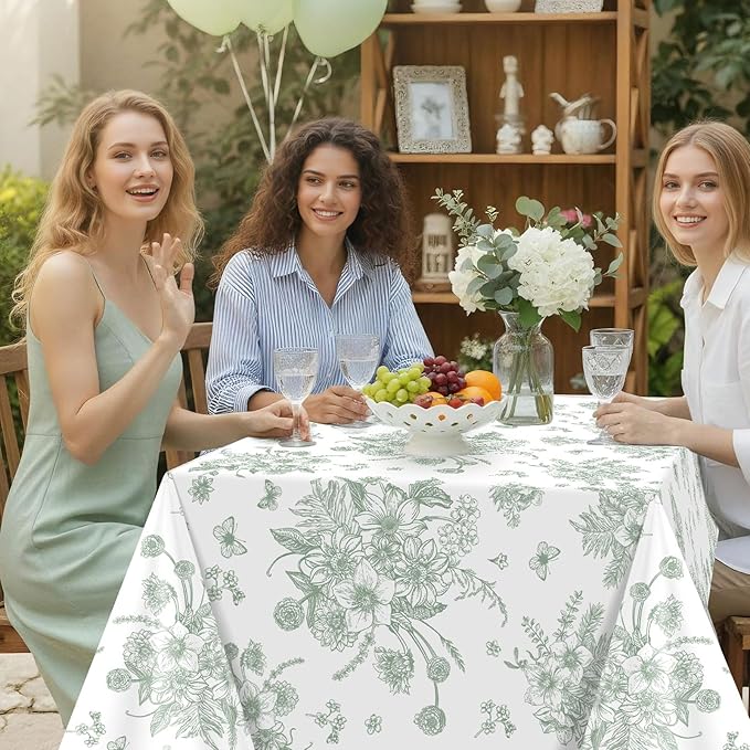 3 Pack Sage Green Floral Plastic Tablecloths, 54 X 108Inch Tea Party Tablecloth Disposable Table Cloths Green and White Porcelain Tables Decor for Mother's Day Birthday Garden Wedding Tea Party