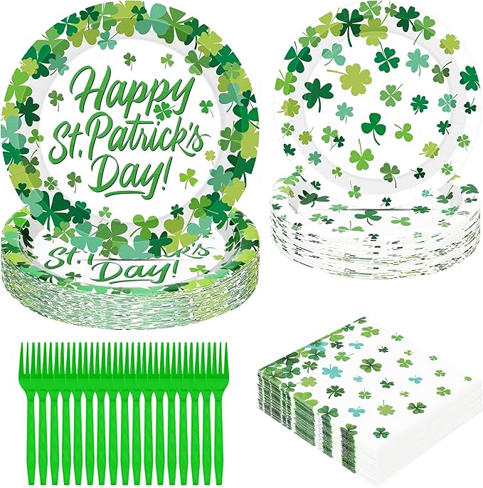 QZYL 120 PCS St Patricks Day Plates and Napkins, Disposable St Patricks Day Decor, 30 Sets Green Paper Plates Forks Dinner Plates Dessert Plates Shamrock Napkins, St Pattys Day Decorations