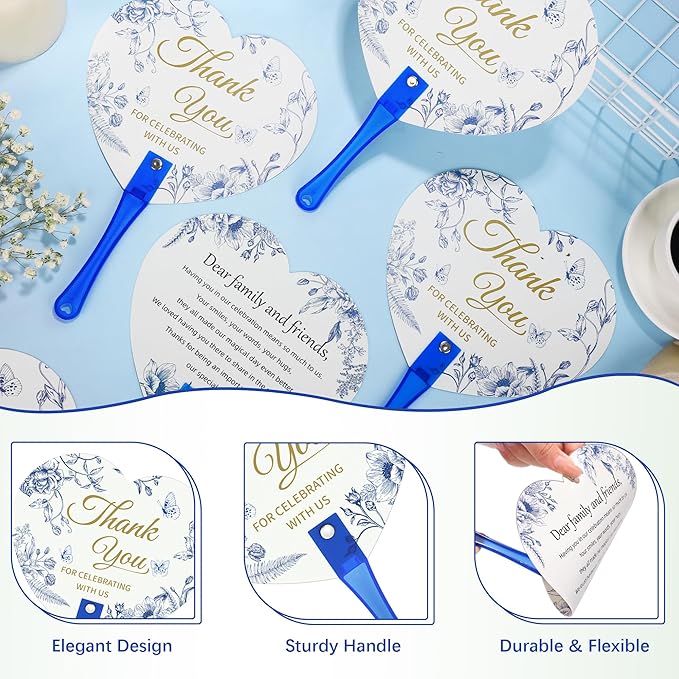 Aneco 120 Pieces Wedding Hand Plastic Fans with Wedding Table Sign Handheld Plastic Fan with Handle for Guests Bulk Wedding Hand Fans for Wedding Ceremony Bridal Shower, Blue Floral