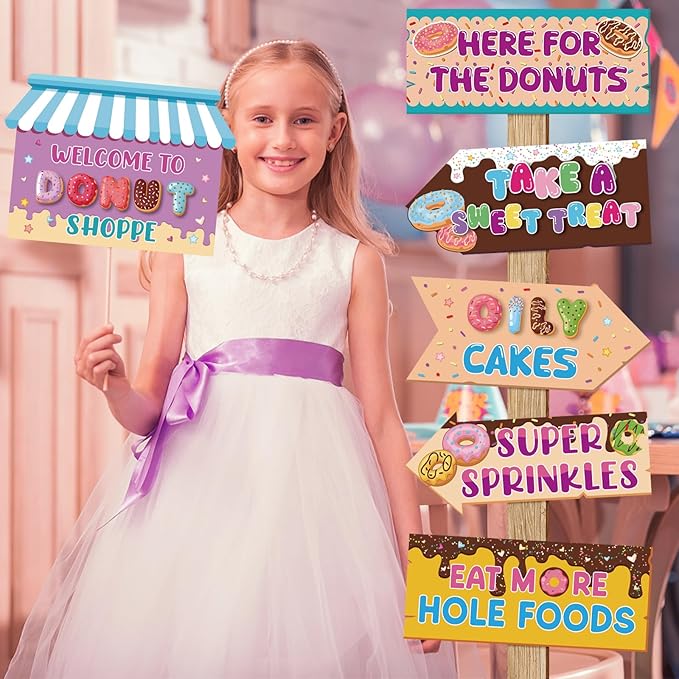 Hooqict 20 Pieces Doughnut Party Sign Welcome to Donut Party Directional Signs for Kids Girls Sweet Donut Themed Birthday Decorations Supplies