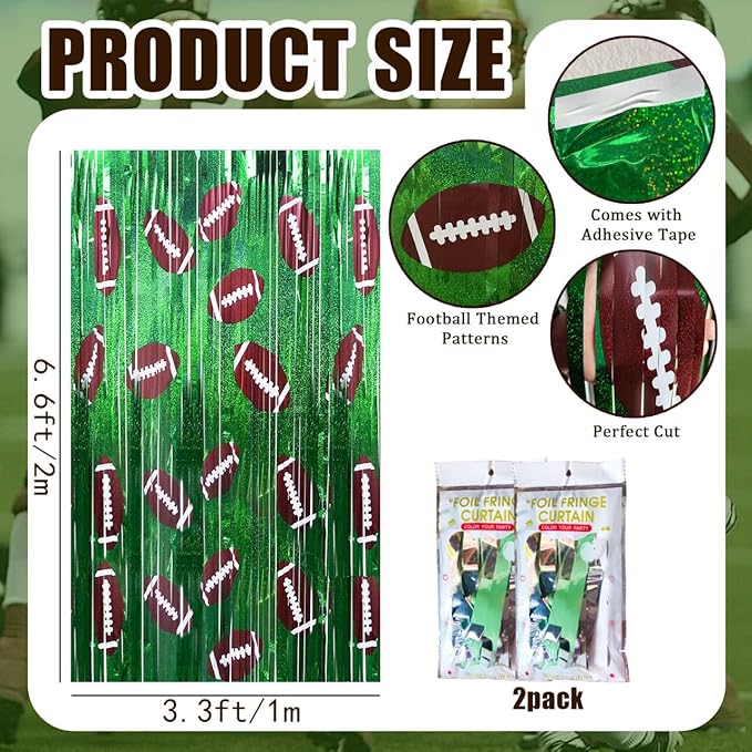 Football Party Decorations Photo Booth Prop, 2 Pcs 3.3x6.6 ft Foil Fringe Curtain Backdrop for Sports Party, Football Themed Decoration