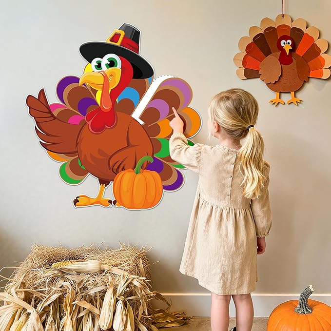 AUGSUN Lare Thanksgiving Party Games for Kids Pin The Tail On The Turkey Game Thanksgiving Game Activities with Blindfolds and Stickers Fall Festival Autumn Party Decorations for Adults Family School