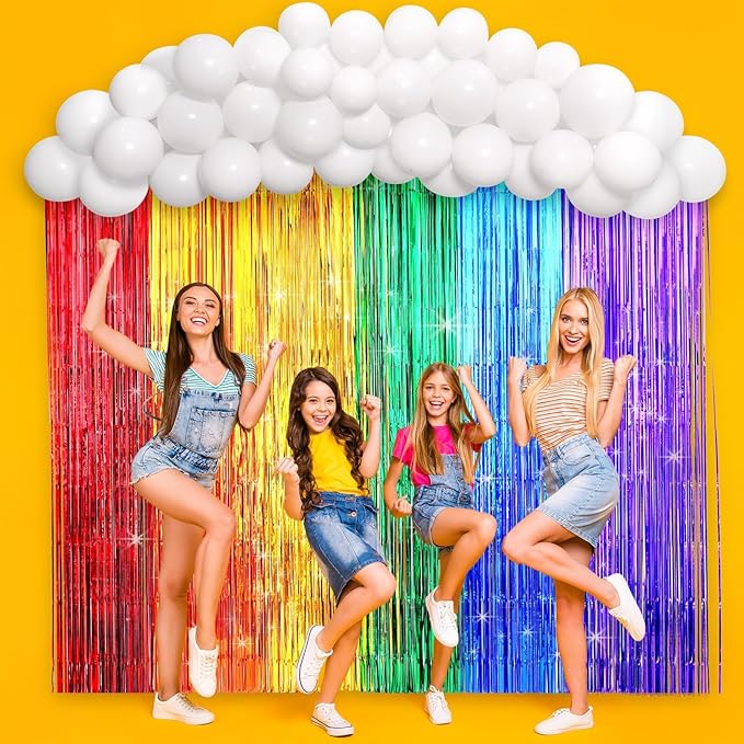Rainbow Party Backdrop Balloon Arch Kit - Cloud Birthday Photo Props Booth Backdrops, Balloon Garland, Fringe Curtains for Wedding, Baby Shower Decor, Photography Supplies