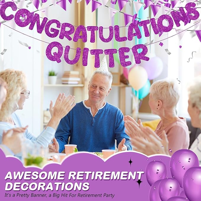 Fulmoon Pre Strung Congratulations Quitter Glitter Banner Funny Retirement Banner Graduation Party Decorations Going Away Supplies Garland for Men Women Gifts, No DIY(Purple)