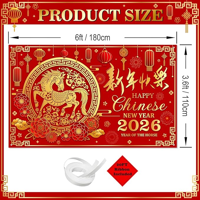 Mocsicka 2026 Chinese New Year Backdrop Banner 2026 Lunar The Year of The Horse Decorations Banner Chinese Spring Festival Family Party Decorations Photo Background (6x3.6ft)