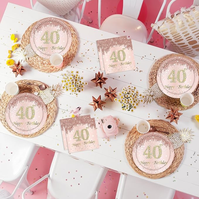 40th Rose Gold Birthday Plates and Napkins, 9 Inch Pink Rose Gold Disposable Dinner Dessert Plates Happy 40th Birthday Party Supplies Decorations for Girls Women