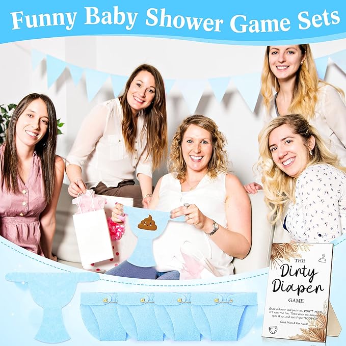 Roowest 51 Pcs Dirty Diaper Baby Shower Games Funny Wooden Sign with 50 Pcs Mini Diapers Cute Felt for Gender Reveal Party Baby Shower(Boho Blue)