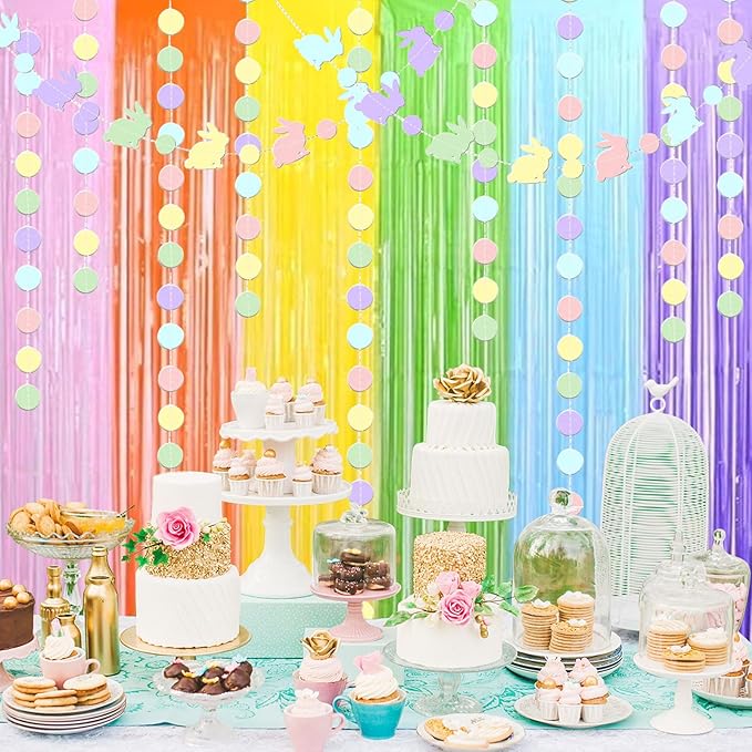 Easter Decorations Foil Fringe Curtains Photo Booth Prop Hanging Garland Easter Bunny Banner Rabbit Garland Rainbow Foil Fringe Curtains for Birthday Wedding Engagement Bridal Shower