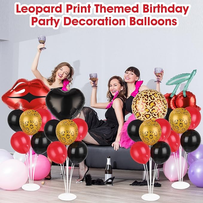 4 Sets Leopard Party Balloons Stand Kit with Black Love Red Lip Foil Balloons Centerpiece for Tables Leopard Print Cherry Party Balloon for Holiday Leopards Birthday Parties Theme Decorations Supplies