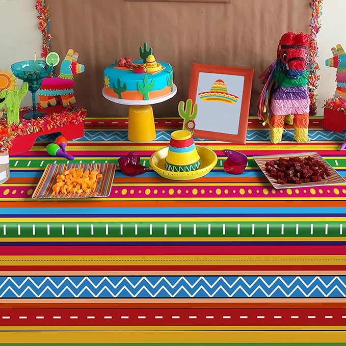 2 Pcs Cinco De Mayo Table Cloths 54 x 108 Inch Mexican Taco Night Colorful Stripe Patterns Plastic Disposable Rectangle Tablecloth for Fiesta Dining Picnic Party Table Cover Supplies
