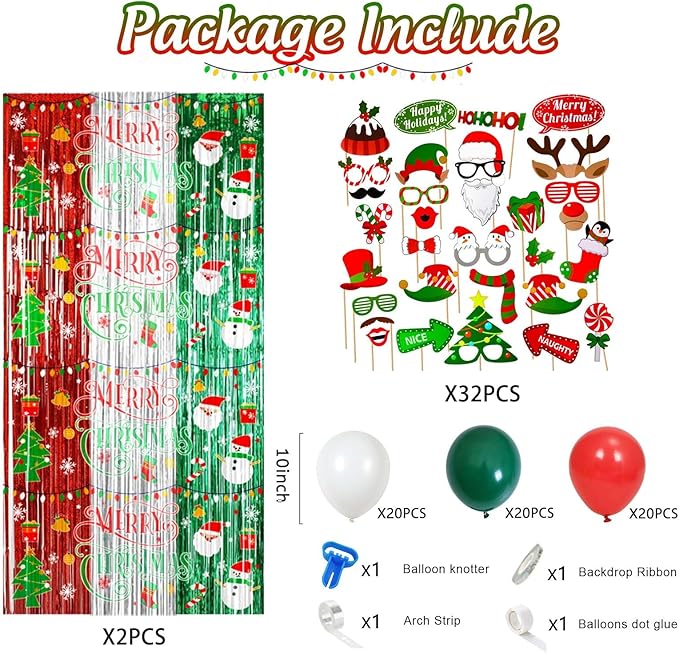 Avezano 98pcs Christmas Decorations Set, Merry Christmas Foil Fringe Tinsel Curtains Balloons Arch Garland Favors for Kids & Adults Selfie Picture Holiday Party Props for Photo Backdrop Supplies