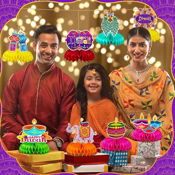 JULMELON 8PCS Diwali Party Decorations Honeycomb Centerpiece, 3D Double Sided Happy Diwali Centerpiece Table Decorations Table Toppers for Home Indian Diwali Festival of Lights Party Favors Supplies