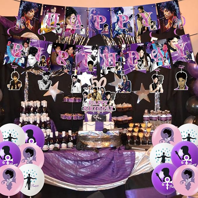 Prince Singer Party Decorations, Rock Singer Theme Birthday Banner Honeycomb Centerpieces Hanging Swirls Party Latex Balloons for Fans Birthday Baby Shower Party Supplies